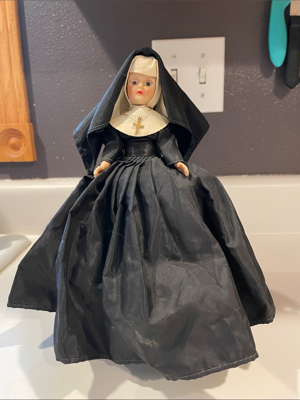 Antique Sleepy Eyed Nun Doll in Black Habit with crucifix necklace Collectible